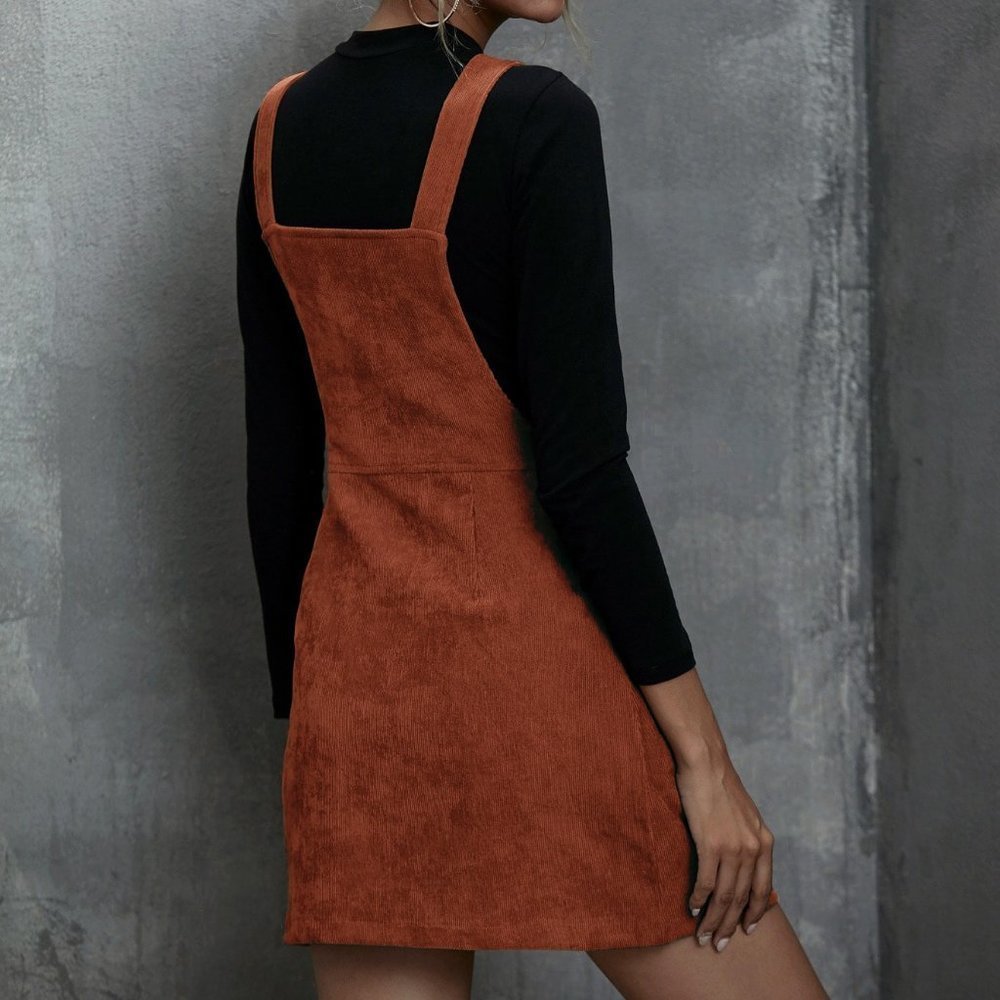 Rust Brown Casual Womens Corduroy O-Ring Zipper Mini Overall Dress - Picture 3 of 5